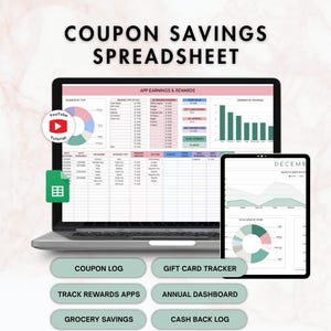 Könnte beinhalten: Eine digitale Tabellenkalkulation für Coupon-Einsparungen auf einem Laptop- und Tablet-Bildschirm. Die Benutzeroberfläche zeigt Diagramme, Tabellen und Daten zu App-Einnahmen und Belohnungen. Der Text umfasst Coupon Savings Spreadsheet und 8 Tabs.