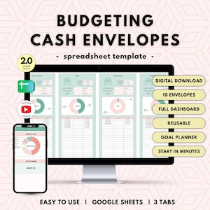 May include: A digital budgeting cash envelopes spreadsheet template for Google Sheets displayed on a computer monitor and smartphone. The interface features charts, tables, and text labels including Budgeting Cash Envelopes, Digital Download, 10 Envelopes, Full Dashboard, Reusable, Goal Planner, Start In Minutes, Easy To Use, Google Sheets, and 3 Tabs.