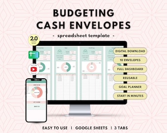 Op de afbeelding: Een digitaal spreadsheet-sjabloon voor budgettering met contante enveloppen voor Google Sheets, weergegeven op een computermonitor en smartphone. De interface bevat grafieken, tabellen en tekstlabels zoals Budgeting Cash Envelopes, Digital Download, 10 Envelopes, Full Dashboard, Reusable, Goal Planner, Start In Minutes, Easy To Use, Google Sheets en 3 Tabs.