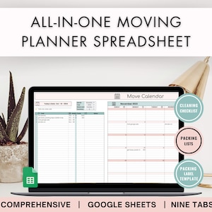 May include: A laptop displays a moving planner spreadsheet with a calendar, checklists, and packing lists. The screen shows the text "ALL-IN-ONE MOVING PLANNER SPREADSHEET". A potted aloe plant and a gold desk lamp are also visible.
