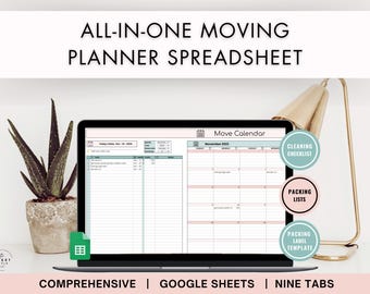 All-in-One Moving Planner Spreadsheet - moving checklist, packing list, moving labels, move tracker, cleaning checklist for Google Sheets