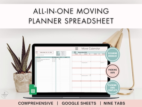 All-in-One Moving Planner Spreadsheet - moving checklist, packing list, moving labels, move tracker, cleaning checklist for Google Sheets