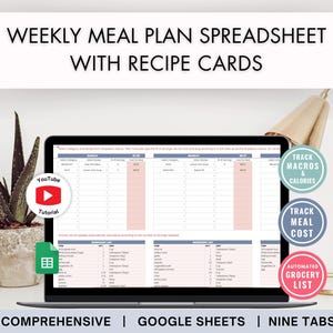Weekly Meal Planner Spreadsheet for Google Sheets with recipe journal, automatic grocery list, macro calorie counter, printable meal plan