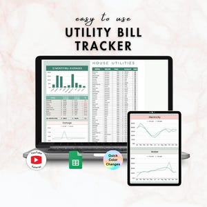 以下が含まれることがあります： ユーティリティ料金トラッカーを表示するラップトップとタブレット。ラップトップはグラフとデータを含むスプレッドシートを表示し、タブレットは電気と水の消費量のグラフを表示します。テキストは「UTILITY BILL TRACKER」と表示されています。