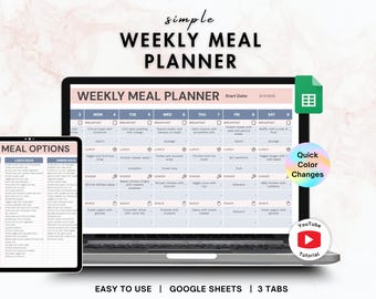 Weekly Meal Planner, Grocery List Template, Google Sheets Menu Organizer, Digital Food Prep Tool