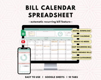 Bill Calendar Spreadsheet |  monthly bills calendar and digital bill planner template for Google Sheets budget