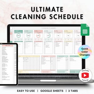 May include: A digital cleaning schedule planner displayed on a laptop and tablet screen. The interface features organized columns, progress circles, and task lists in pastel tones. Includes icons for Google Sheets, YouTube tutorials, and color customization.