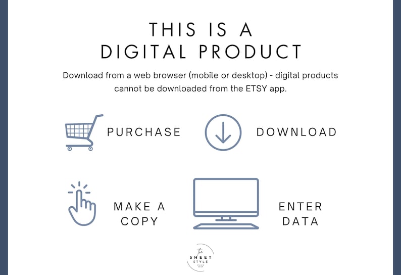 May include: A digital product graphic with the text "THIS IS A DIGITAL PRODUCT." Instructions include purchase, download, make a copy, and enter data. The text also states that digital products cannot be downloaded from the Etsy app.