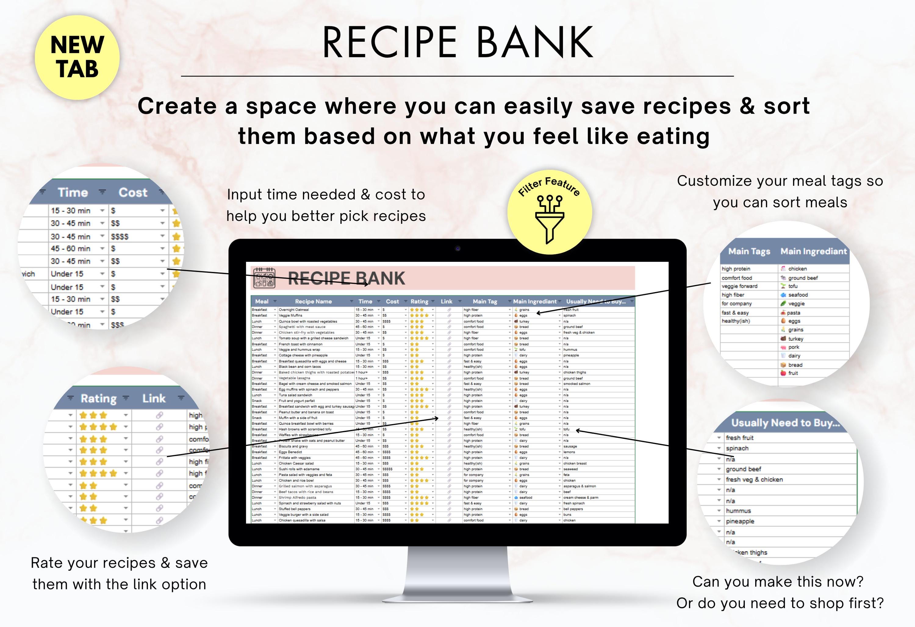 Meal Planner Template Spreadsheet | Digital Recipe Bank, Easy Menu ...
