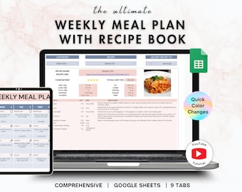 Weekly Meal Plan Spreadsheet for Google Sheets with Recipe Cards |  automatic grocery list, printable meal planner, and family recipe book