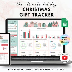 Puede incluir: Un portátil y una tableta muestran una hoja de cálculo de seguimiento de regalos de Navidad. El título dice "The Ultimate Holiday Christmas Gift Tracker". La hoja de cálculo incluye seguimiento de presupuesto, ideas de regalos y un enlace a un tutorial de YouTube. El diseño presenta un esquema de color festivo.