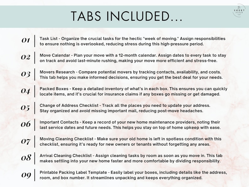 nine tabs of moving binder info to plan your home move