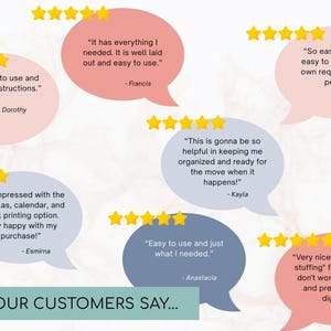 May include: A collection of six speech bubbles in shades of pink, blue, and gray, each featuring five yellow stars and customer testimonials. The text reads: WHAT OUR CUSTOMERS SAY... along with quotes from Dorothy, Francis, Melinda, Kayla, Esmirna, Anastacia, and Becka regarding digital organization and cash stuffing.