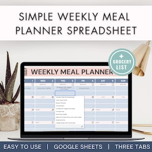 Modello di pianificatore settimanale dei pasti e lista della spesa - Preparazione digitale dei pasti e organizzatore alimentare, foglio di calcolo per la pianificazione del menu della famiglia di Google Sheets
