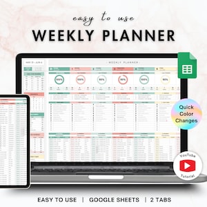 Peut inclure: Un modèle de planificateur hebdomadaire numérique pour Google Sheets affiché sur un écran d'ordinateur portable et de tablette. L'interface présente une mise en page claire avec des accents vert pastel et rose, des cercles de progression et le texte "easy to use WEEKLY PLANNER".