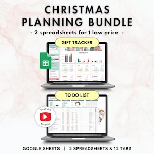 Puede incluir: Un paquete digital de planificación navideña con dos computadoras portátiles que muestran hojas de cálculo. La pantalla superior muestra un rastreador de regalos y la inferior una lista de tareas. Incluye un icono de hoja de cálculo verde.