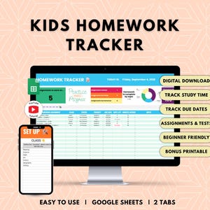 May include: A digital kids homework tracker displayed on a computer monitor and a smartphone screen. The interface features a spreadsheet layout with columns for class, status, priority, due date, and notes, alongside a colourful pie chart.