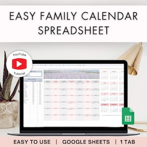 Feuille de calcul du calendrier familial | Agenda mensuel Google Sheets, modèle de calendrier numérique personnalisé, calendrier annuel 2025 facile pour les parents occupés