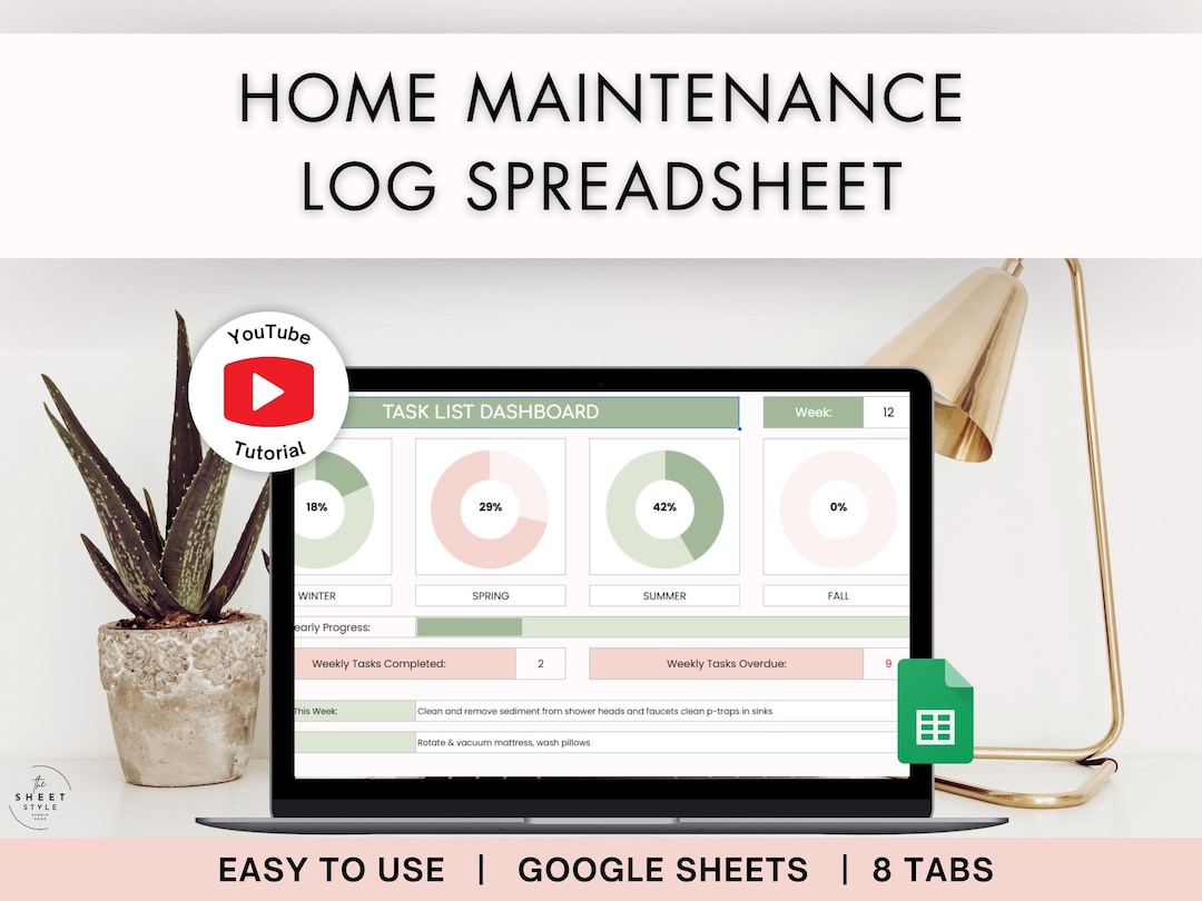 Home Maintenance Log, Google Sheets Tracker, Cleaning Checklist