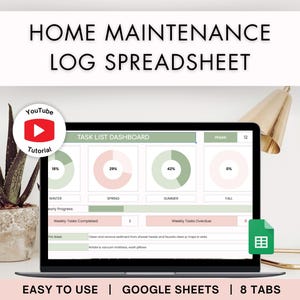 May include: A digital home maintenance log spreadsheet displayed on a laptop screen. The interface features a task list dashboard with circular progress charts in shades of green and pink, labeled by season, and a section for weekly tasks.