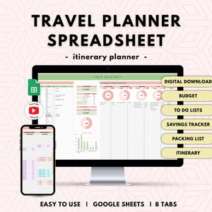 May include: A digital travel planner spreadsheet displayed on a computer monitor and smartphone screen. The interface features green and pink color schemes with charts, tables, and text including TRAVEL PLANNER SPREADSHEET, TRIP BUDGET, and 8 TABS.