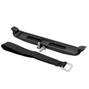 May include: A black plastic battery hold-down bracket with a black strap and two silver screws. The bracket has a curved design with slots and raised ends. The strap has a white square buckle.