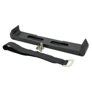 May include: A black metal bracket with two slots and raised ends, alongside a black strap with a white plastic loop and two silver screws. The bracket is designed to hold an item.