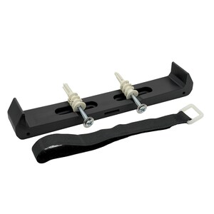 May include: A black mounting bracket with two screws and wall plugs, plus a black strap with a white square buckle. The bracket has a curved design on each end.