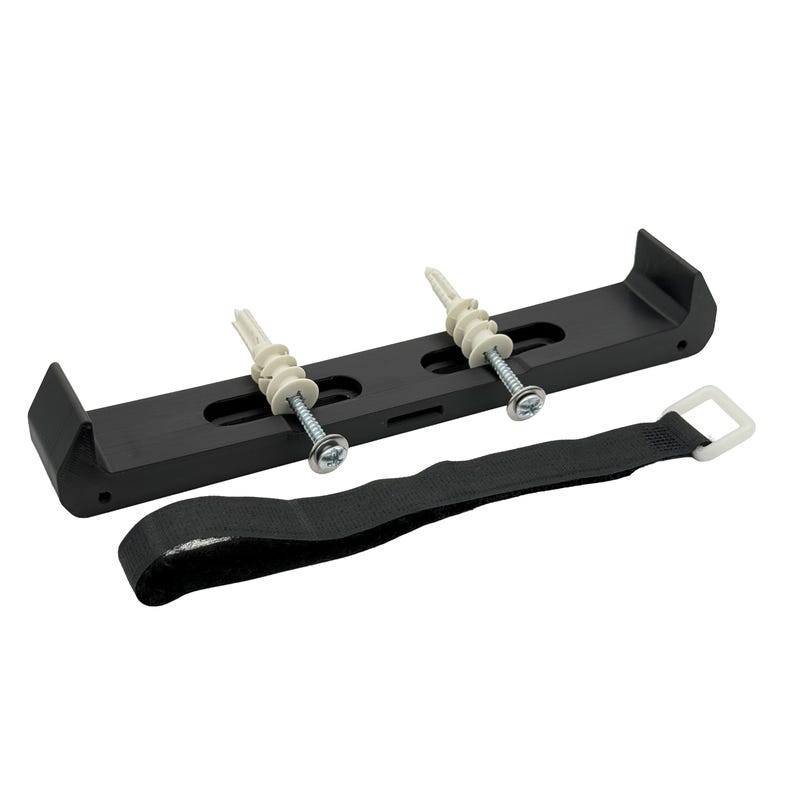 May include: A black mounting bracket with two screws and wall plugs, plus a black strap with a white square buckle. The bracket has a curved design on each end.