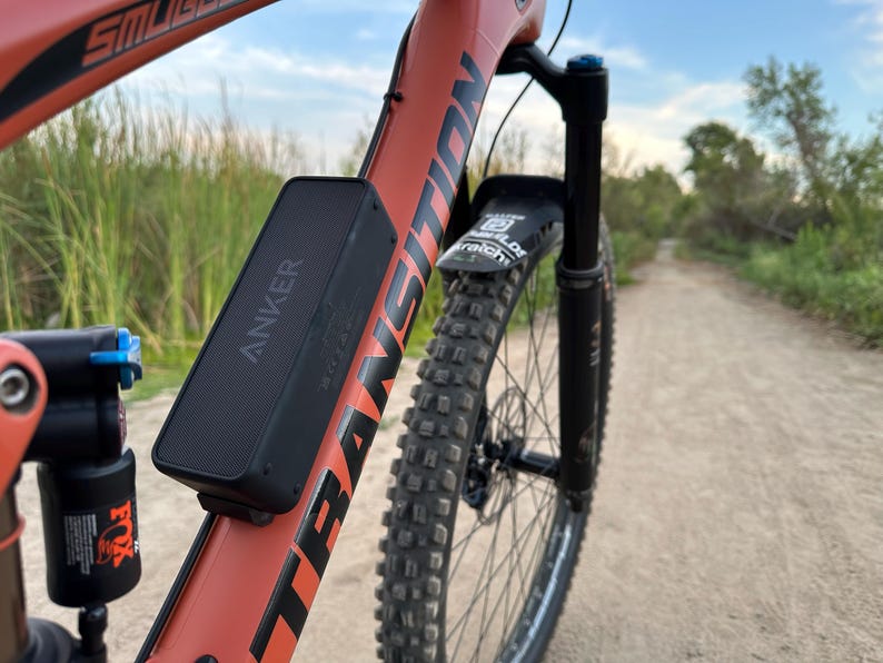 Top view of Anker speaker with trail in background