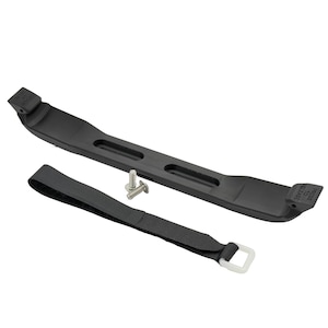 May include: A black battery hold-down strap with a matching base, a black strap with a white buckle, and two silver screws. The base has the text "PRESS TO RELEASE" and "EXPAND TO RELEASE".
