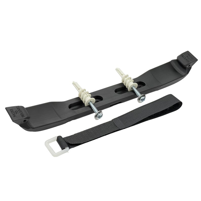 May include: A black plastic bracket with two screws and wall anchors, along with a black fabric strap with a white plastic loop. The bracket has the text "PRESS TO RELEASE" on one end.