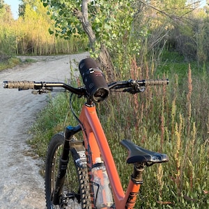 May include: An orange mountain bike with black handlebars and a black seat is positioned on a dirt path. A black speaker is mounted on the handlebars. The bike is surrounded by tall grass and foliage.