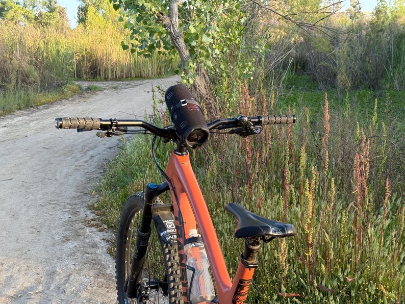 May include: An orange mountain bike with black handlebars and a black seat is positioned on a dirt path. A black speaker is mounted on the handlebars. The bike is surrounded by tall grass and foliage.