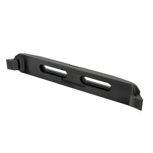 May include: A black, elongated metal object with two rectangular cutouts and angled ends. The object appears to be a component or part of a larger mechanism, possibly for industrial or mechanical use. The ends have text.