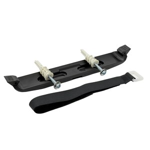 May include: A black mounting bracket with two screws and wall anchors, along with a black strap with a white plastic buckle. The bracket is designed to hold an object, and the strap is likely for securing it. The items are set against a white background.