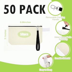 May include: A pack of 50 beige canvas zipper pouches with black zipper pulls and a black carrying handle. The pouches are 8.66 inches wide and 5.1 inches tall. The pouches are labeled "50pcs".