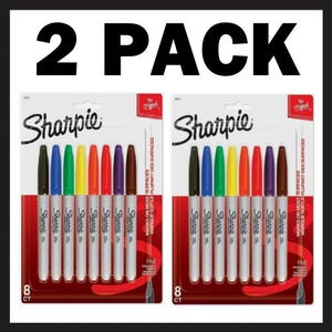 May include: Two packs of Sharpie permanent markers, each containing eight fine-point markers in a variety of colors. The packaging displays the Sharpie logo and the text "MARKS ON MOST SURFACES".