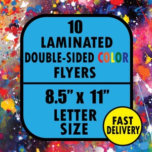 May include: Ten laminated double-sided color flyers in letter size, 8.5 inches by 11 inches, with the words "FAST DELIVERY" in a yellow circle.
