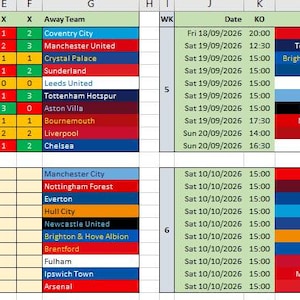 Könnte beinhalten: Eine Tabellenkalkulation mit einem Fußballspielplan für die Wochen 1, 2, 5 und 6. Das Raster enthält Spalten für Datum, Anstoßzeit, Heimteam, Auswärtsteam und Ergebnisse, wobei die Teamnamen auf roten, blauen, orangen und schwarzen Feldern stehen.