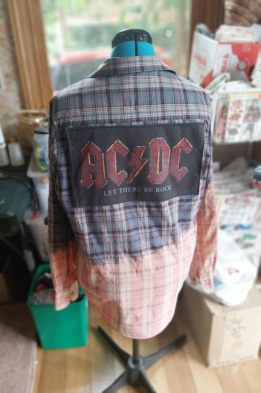 AC/DC Band Shirt Mashup – Bleach-treated Plaid Cotton Long Sleeve ...