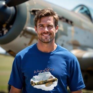 Spitfire Wings of Glory T-Shirt – Royal Blue or White Vintage Aviation Tee for Men & Women