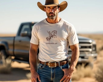 Cowboy Up T-Shirt – Vintage Western Rodeo Tee – Bronco Rider Graphic – Unisex Natural Cotton Shirt