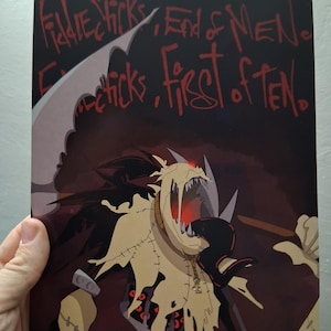 May include: A rectangular art print featuring a dark, stylized creature with a skull-like head, sharp teeth, and a long black tongue. The creature wears a tattered beige garment. Red text reads: Fiddlesticks, End of Men, Fiddlesticks, First of Ten.