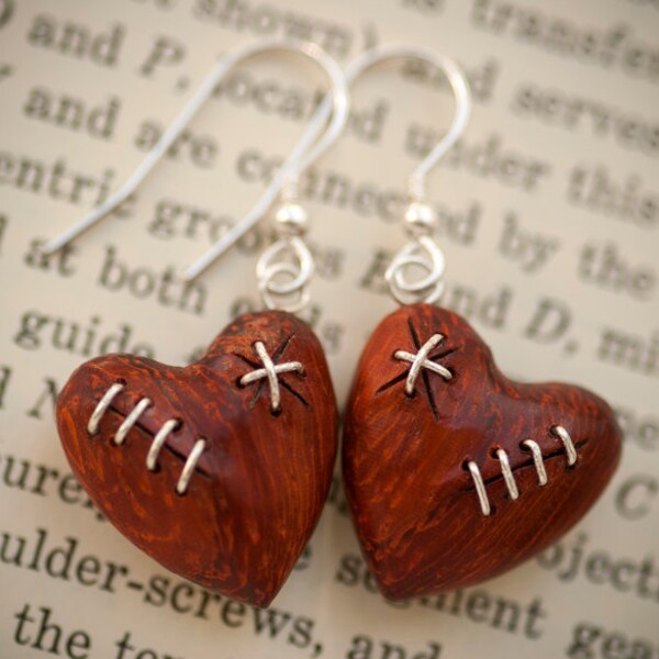 Stitched Wood Heart Earrings