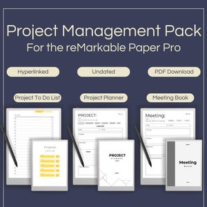 Peut inclure: Un pack de gestion de projet numérique pour le reMarkable Paper Pro. Le pack comprend des téléchargements PDF hyperliés et non datés pour les listes de tâches, les planificateurs de projet et les carnets de réunions. Chaque carnet numérique est affiché avec un stylet.