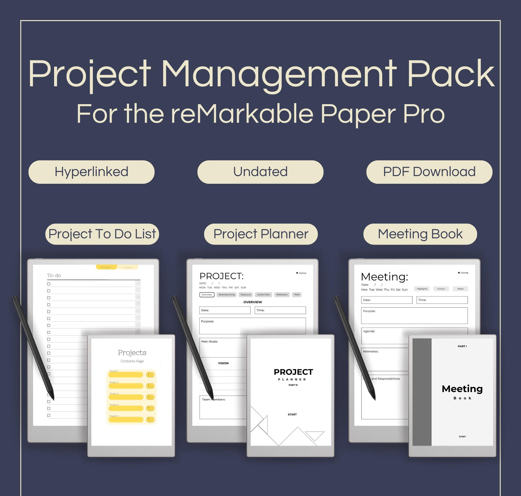Project Management Templates for reMarkable Paper Pro: Hyperlinked Planner, Meeting Book (Digital Download)