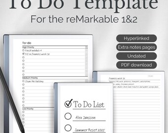 Könnte beinhalten: Digitale To-Do-Vorlage für reMarkable 1&2 Tablets. Das Bild zeigt einen digitalen Planer mit einer To-Do-Liste, zusätzlichen Notizseiten und einer PDF-Download-Option. Die Vorlage ist undatiert und mit Hyperlinks versehen.