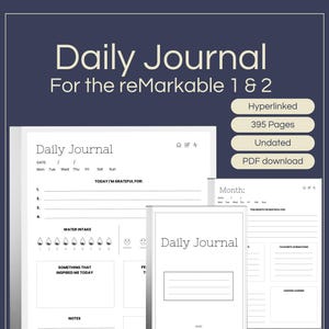 Puede incluir: Dos páginas de diario diario imprimibles en blanco y negro para la tableta reMarkable. Las páginas incluyen secciones para la gratitud diaria, la ingesta de agua y la inspiración. Las páginas no están fechadas e incluyen 395 páginas.