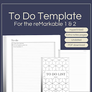 Op de afbeelding: Een digitale To Do Template voor reMarkable 1 & 2 tablets. De template bevat hyperlinks, extra notitiepagina's en is ongedateerd. Het ontwerp heeft een witte achtergrond met een zwart geometrisch patroon en de tekst "TO DO LIST".